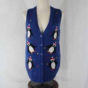 Holiday Christmas Sweater Penguins Vest Blue Acrylic Button Down Size S w/ Gems